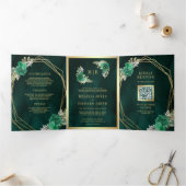 Geometrische maragdgroene Floral QR Code Weddensch Drieluik Uitnodiging (Binnen)