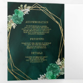 Geometrische maragdgroene Floral QR Code Weddensch Drieluik Uitnodiging (Binnenzijde eerst)