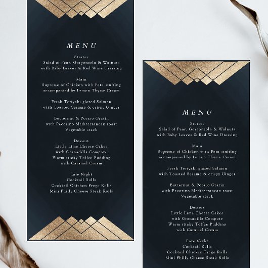 Geometrische marine Blue Gold Gatsby Wedding Menu