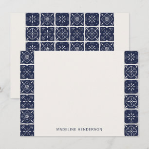 Geometrische mediterrane Tegels donkerblauw monogr Notitiekaartje