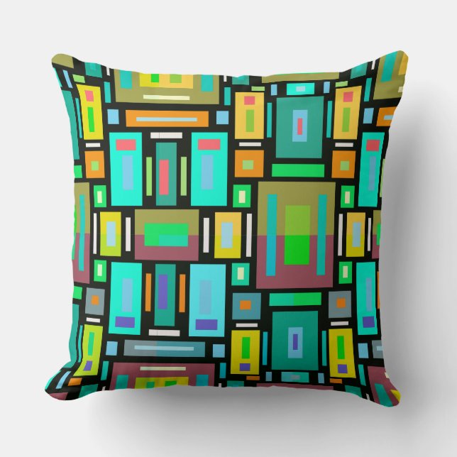 Geometrische Mozaïek Kussen Blauw Groen Geel (Voorkant)