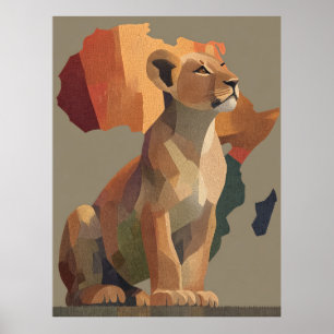 Geometrische mozaïek leeuwin met gestileerde Afrik Poster