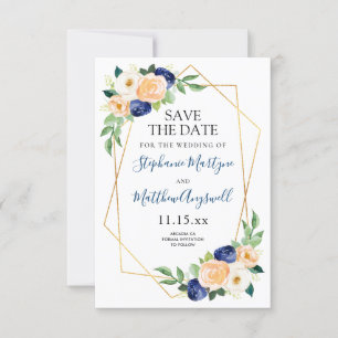 Geometrische Navy Blue Peach Coral Floral Wedding Save The Date