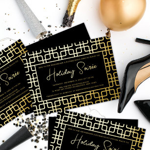 Geometrische Patroon Black Gold Holiday Party Folie Uitnodiging
