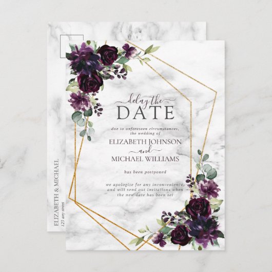 Geometrische plum Paarse marble vertraging de datu Aankondigingskaart (Voorkant / Achterkant)