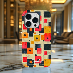 Geometrische retro-vierkanten met aangepaste naam Case-Mate iPhone 14 pro hoesje