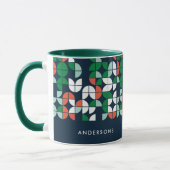 geometrische retroblauwe rode, moderne kerstpagina mok (Links)