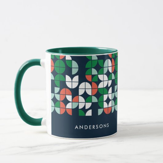 geometrische retroblauwe rode, moderne kerstpagina mok (Links)