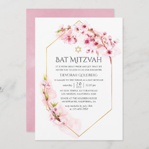 Geometrische roze Cherry Blossom Bat Mitzvah Kaart