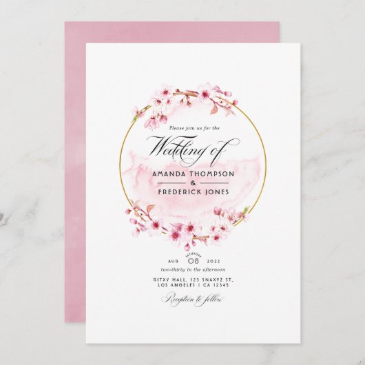 Geometrische roze Cherry Blossom QR Code RSVP Wedd Kaart (Voorkant / Achterkant)