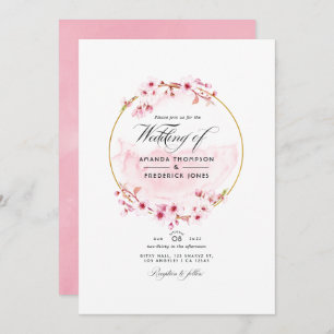 Geometrische roze Cherry Blossom QR Code RSVP Wedd Kaart