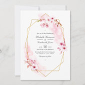 Geometrische roze Cherry Blossom QR Code RSVP Wedd Kaart (Voorkant)