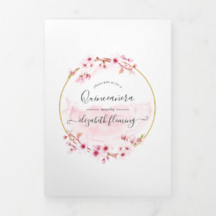 Geometrische roze Cherry Blossom Quinceañera Foto Drieluik Kaart
