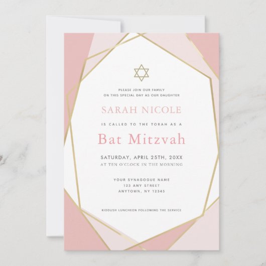 Geometrische roze en goudvlek Mitzvah Kaart (Voorkant)