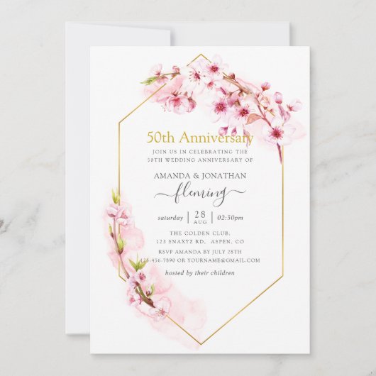 Geometrische Roze Kersenbloesem 50e Verjaardag Kaart (Voorkant)