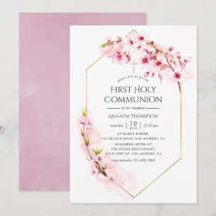 Geometrische roze kersenbloesem eerste communie kaart