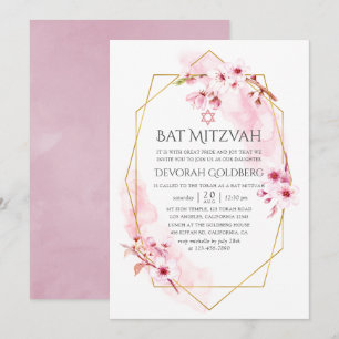 Geometrische Roze Lente Bloesem Bat Mitzvah Kaart