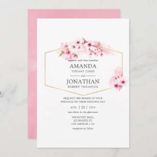 Geometrische roze lenteskers bloesem bruiloft kaart