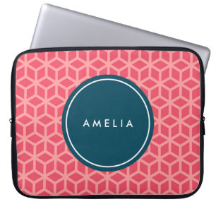 Geometrische roze, monogram met gepersonaliseerde  laptop sleeve