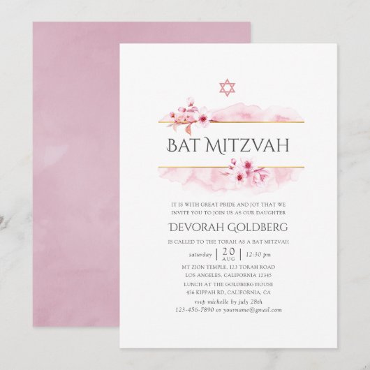 Geometrische roze Spring Blossom Bat Mitzvah Kaart (Voorkant / Achterkant)
