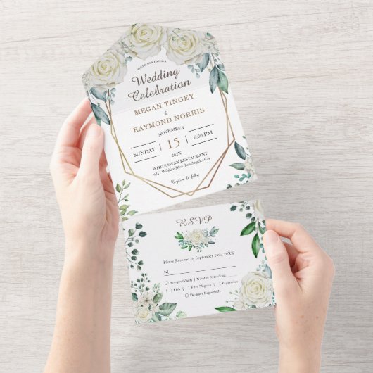 Geometrische saliegroene gebladerte en witte rozen all in one uitnodiging (Afscheurbaar)