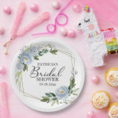 Geometrische Stofblauwe Bloemige Bruidsdouche Papieren Bordje (Feest)