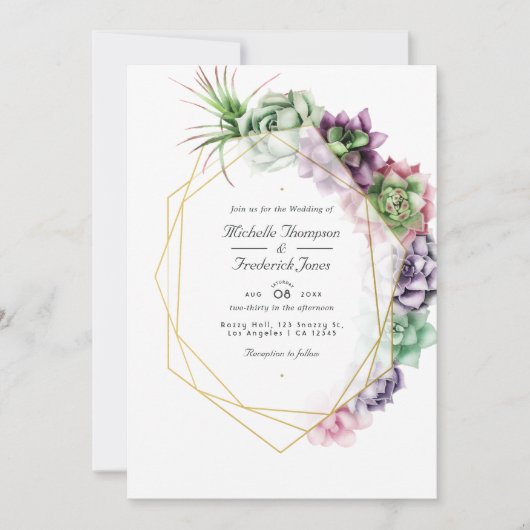 Geometrische Succulenten QR Code RSVP Weddenschap Kaart (Voorkant)