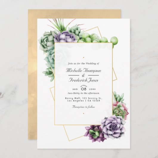 Geometrische Succulenten QR Code RSVP Weddenschap Kaart (Voorkant / Achterkant)