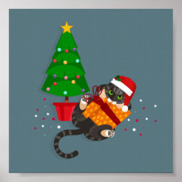 Geometrische tabbykat speelt met kerstcadeau poster