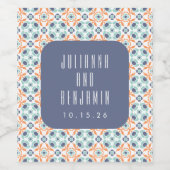 geometrische Tegels Motif Blue Wedding Custom Wijn Etiket (Enkel label)