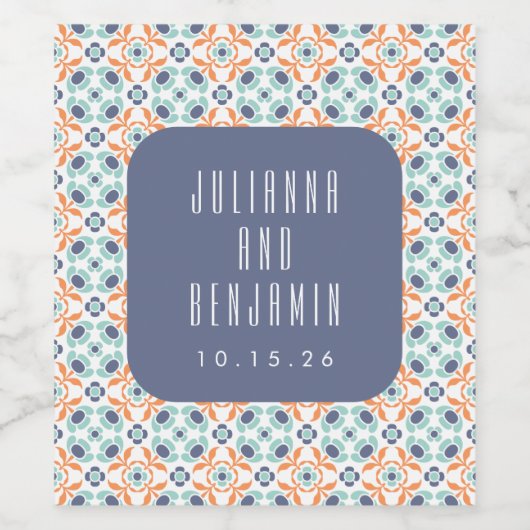  geometrische Tegels Motif Blue Wedding Custom Wijn Etiket (Enkel label)