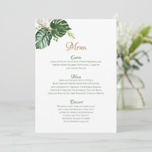 Geometrische Tropische Groene Palm Leidt Kunstbrui Menu (Staand voorkant)