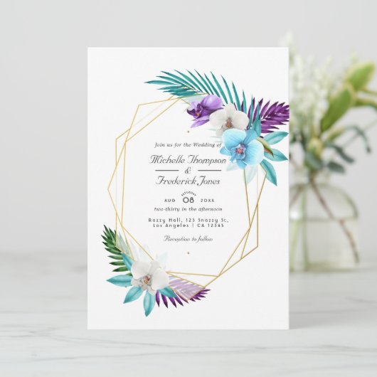 Geometrische tropische orchideeën QR Code RSVP Wed Kaart (Staand voorkant)