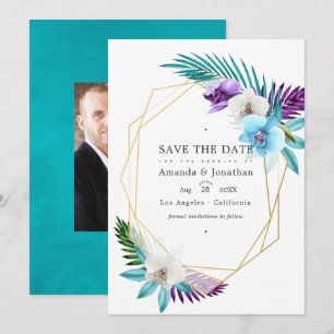 Geometrische tropische orchideeën Weddenfoto Save The Date