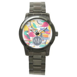 Geometrische tropische vogels Monogram Horloge