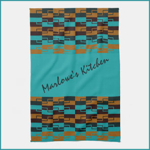 Geometrische Turquoise en bruin Theedoek