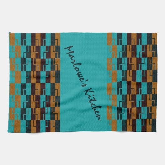 Geometrische Turquoise en bruin Theedoek (Horizontaal)