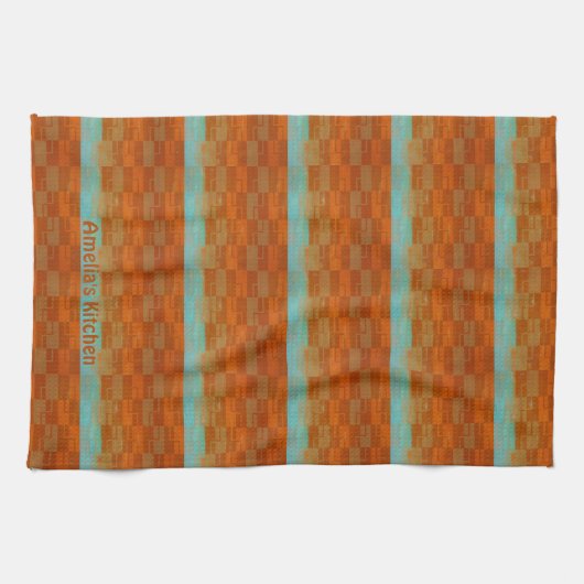 Geometrische turquoise en Oranje Abstract Theedoek (Horizontaal)