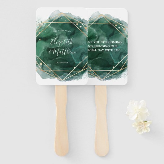 Geometrische weddenschappen met groene en goudWate Handwaaier (Voorkant en achterkant)