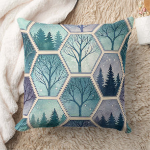 Geometrische Winterbos – Bomen in Hexagoon Kussen