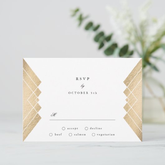 Geometrische Wit Gouden Gatsby Bruiloft RSVP (Staand voorkant)