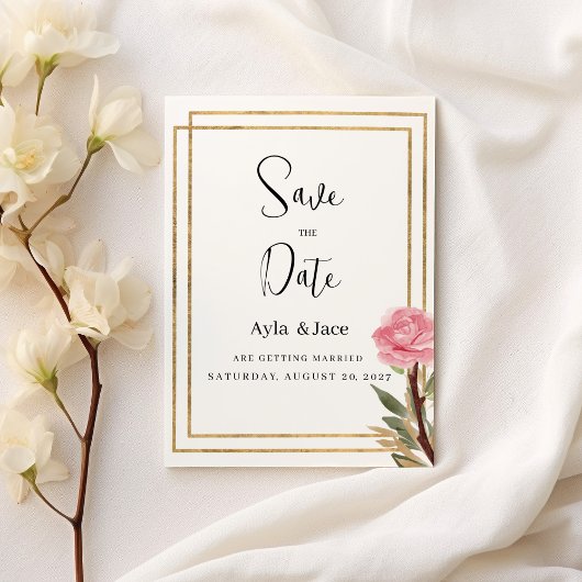 Geometrische witte gouden roze bloem Save the Date Kaart