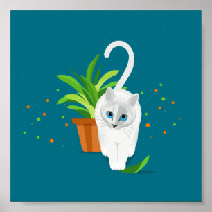 Geometrische witte kat die langs een plant pot loo poster