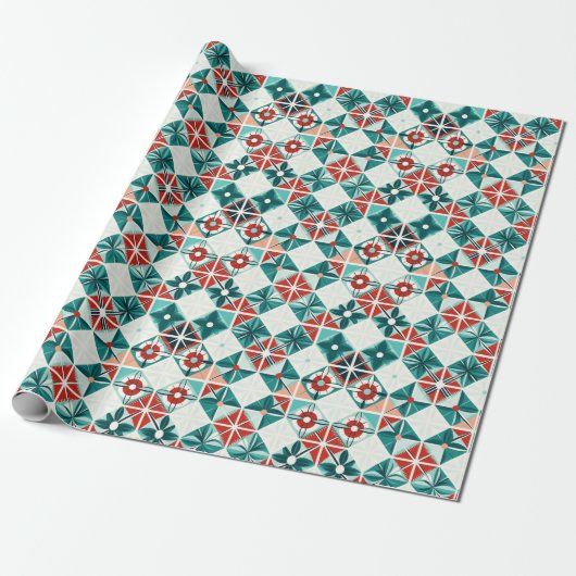 Geometrische Xmas Blauw Rood Gestileerde Bloemen P Cadeaupapier (Uitgerold)