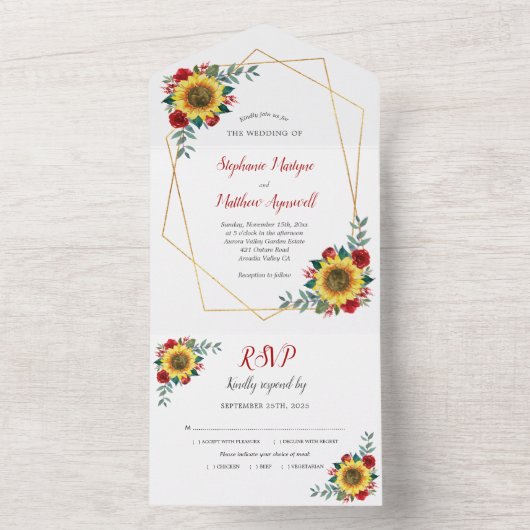 Geometrische zonnebloem Rood Rozen Moderne Woninge All In One Uitnodiging (Binnen)