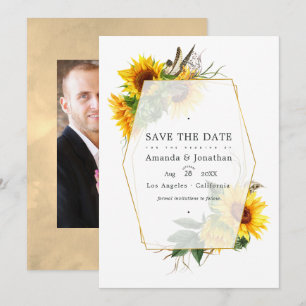 Geometrische zonnebloem rustieke schuur landelijke save the date