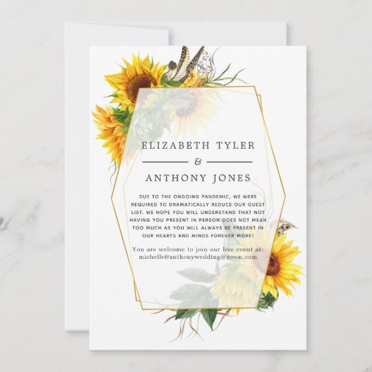 Geometrische zonnebloemen bruiloft ingekorte gastl aankondiging (Voorkant)