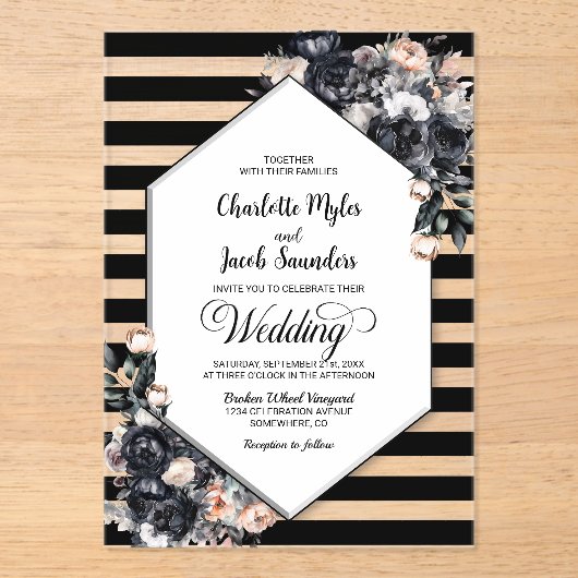 Geometrische zwarte bloemen acryl bruiloft uitnodi acryl uitnodigingen (Voorkant)
