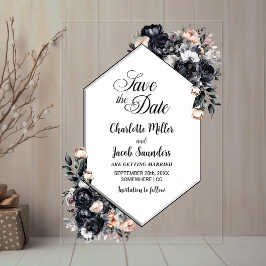 Geometrische zwarte bloemenacryl Bewaar de datum Acryl Uitnodigingen