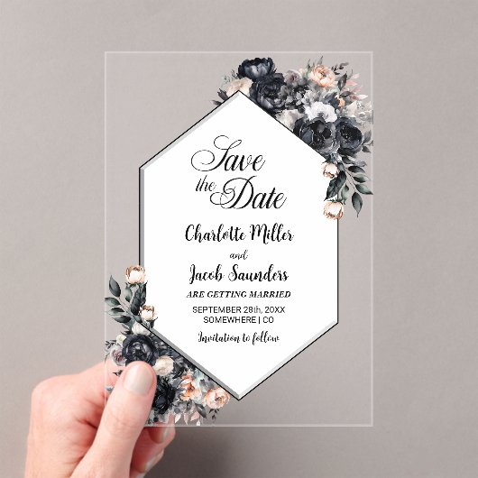 Geometrische zwarte bloemenacryl Bewaar de datum Acryl Uitnodigingen (Insitu (Draagbaar))
